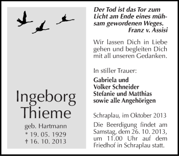 Traueranzeige von Ingeborg Thieme von Mitteldeutsche Zeitung Merseburg/Querfurt