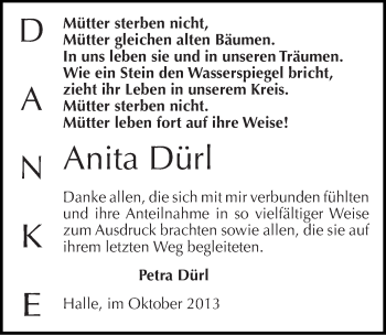 Traueranzeige von Anita Dürl von Mitteldeutsche Zeitung Halle/Saalkreis