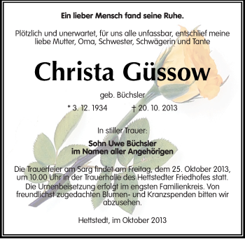Traueranzeige von Christa Güssow von Mitteldeutsche Zeitung Mansfelder Land