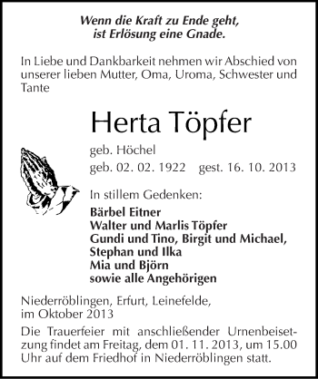 Traueranzeige von Herta Töpfer von Mitteldeutsche Zeitung Sangerhausen