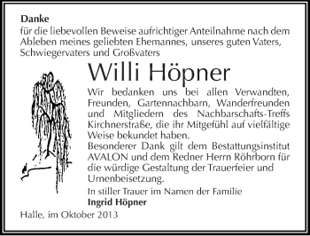 Traueranzeige von Willi Höpner von Mitteldeutsche Zeitung Halle/Saalkreis