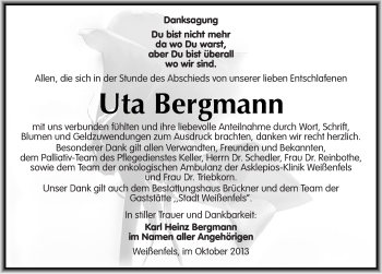 Traueranzeige von Uta Bergmann von Mitteldeutsche Zeitung Weißenfels