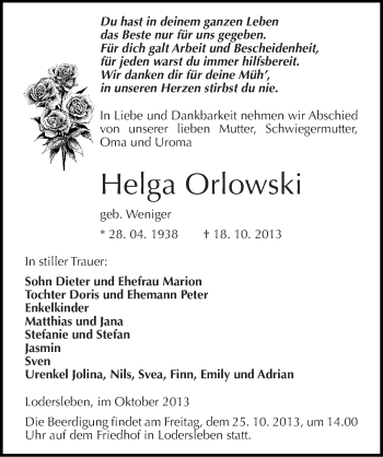 Traueranzeige von Helga Orlowski von Mitteldeutsche Zeitung Merseburg/Querfurt