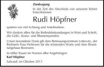 Traueranzeige von Rudi Höpfner von Mitteldeutsche Zeitung Halle/Saalkreis