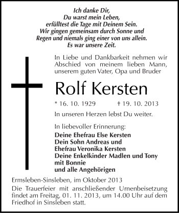 Traueranzeige von Rolf Kersten von Mitteldeutsche Zeitung Quedlinburg