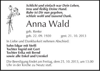 Traueranzeige von Anna Wald von Mitteldeutsche Zeitung Halle/Saalkreis