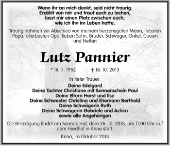 Traueranzeige von Lutz Pannier von Mitteldeutsche Zeitung Bitterfeld