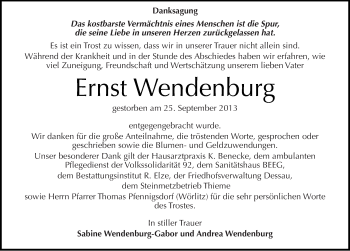 Traueranzeige von Ernst Wendenburg von Mitteldeutsche Zeitung Dessau-Roßlau