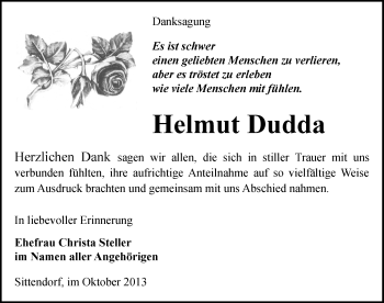 Traueranzeige von Helmut Dudda von Mitteldeutsche Zeitung Sangerhausen