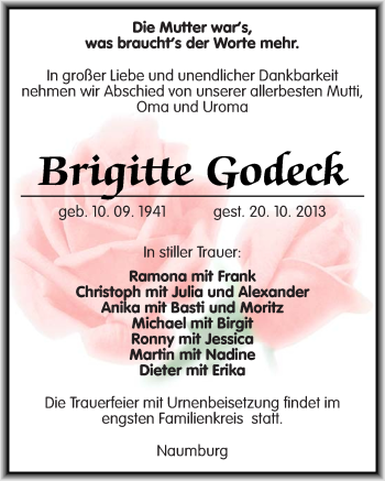 Traueranzeige von Brigitte Godeck von Mitteldeutsche Zeitung Naumburg/Nebra