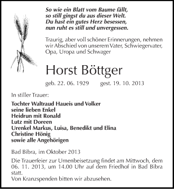Traueranzeige von Horst Böttger von Mitteldeutsche Zeitung Naumburg/Nebra
