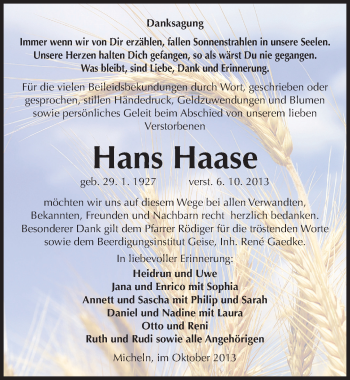 Traueranzeige von Hans Haase von Mitteldeutsche Zeitung Köthen
