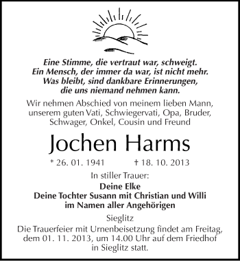 Traueranzeige von Jochen Harms von Mitteldeutsche Zeitung Naumburg/Nebra