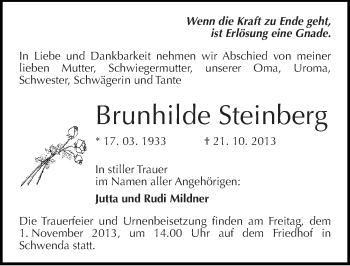 Traueranzeige von Brunhilde Steinberg von Mitteldeutsche Zeitung Sangerhausen