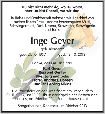 Traueranzeige von Inge Geyer von Mitteldeutsche Zeitung Sangerhausen