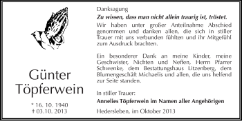 Traueranzeige von Günter Töpferwein von Mitteldeutsche Zeitung Mansfelder Land