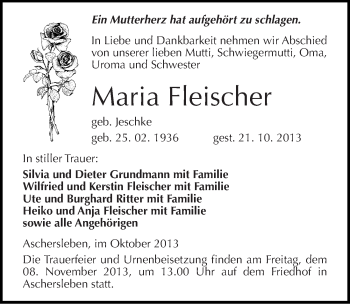 Traueranzeige von Maria Fleischer von Mitteldeutsche Zeitung Aschersleben