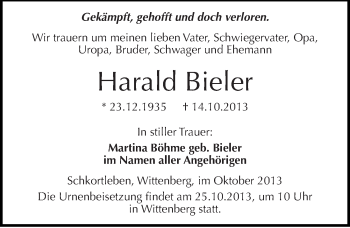 Traueranzeige von Harald Bieler von Mitteldeutsche Zeitung Weißenfels