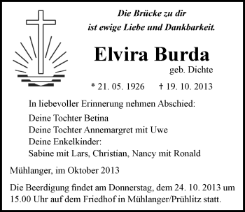Traueranzeige von Elvira Burda von Mitteldeutsche Zeitung Wittenberg