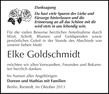 Traueranzeige von Elke Goldschmidt von Mitteldeutsche Zeitung Sangerhausen