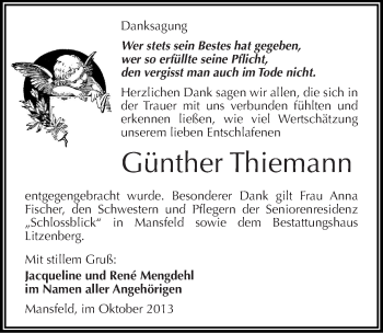 Traueranzeige von Günther Thiemann von Mitteldeutsche Zeitung Mansfelder Land
