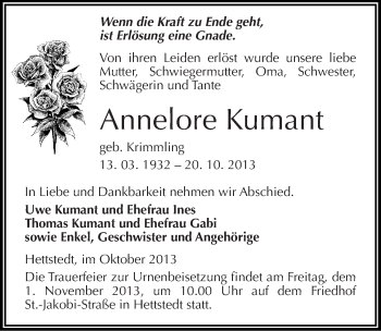 Traueranzeige von Annelore Kumant von Mitteldeutsche Zeitung Mansfelder Land