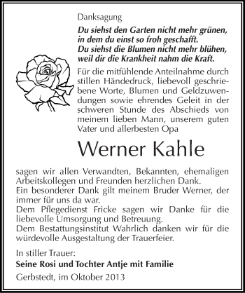 Traueranzeige von Werner Kahle von Mitteldeutsche Zeitung Mansfelder Land