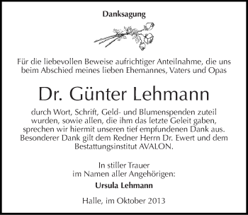 Traueranzeige von Günter Lehmann von Mitteldeutsche Zeitung Halle/Saalkreis