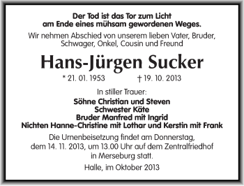 Traueranzeige von Hans-Jürgen Sucker von Mitteldeutsche Zeitung Halle/Saalkreis