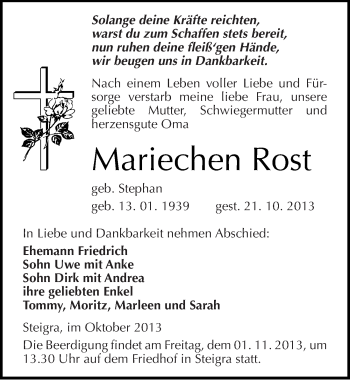 Traueranzeige von Mariechen Rost von Mitteldeutsche Zeitung Merseburg/Querfurt