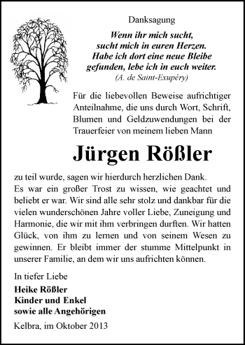 Traueranzeige von Jürgen Rößler von Mitteldeutsche Zeitung Sangerhausen