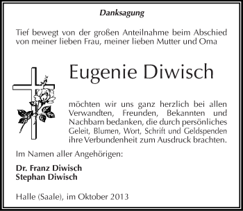 Traueranzeige von Eugenie Diwisch von Mitteldeutsche Zeitung Halle/Saalkreis