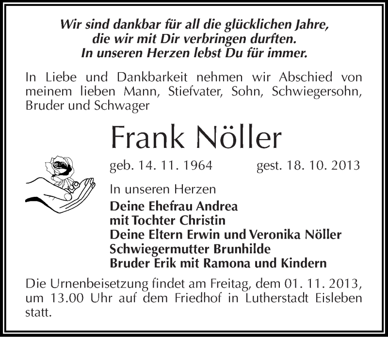  Traueranzeige für Frank Nöller vom 25.10.2013 aus Mitteldeutsche Zeitung Mansfelder Land