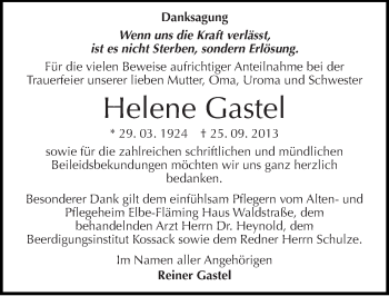 Traueranzeige von Helene Gastel von Mitteldeutsche Zeitung Dessau-Roßlau