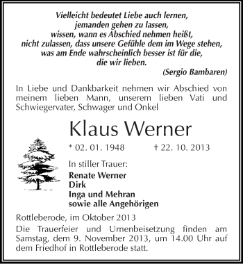 Traueranzeige von Klaus Werner von Mitteldeutsche Zeitung Sangerhausen