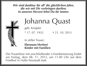 Traueranzeige von Johanna Quast von Mitteldeutsche Zeitung Halle/Saalkreis