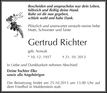 Traueranzeige von Gertrud Richter von Mitteldeutsche Zeitung Bitterfeld