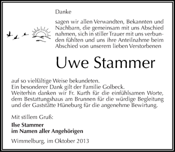 Traueranzeige von Uwe Stammer von Mitteldeutsche Zeitung Mansfelder Land