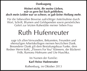 Traueranzeige von Ruth Hufenreuter von Mitteldeutsche Zeitung Bernburg