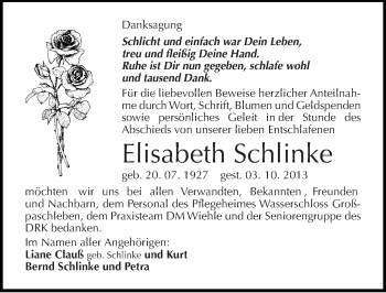 Traueranzeige von Elisabeth Schlinke von Mitteldeutsche Zeitung Köthen