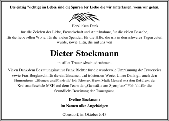 Traueranzeige von Dieter Stockmann von Mitteldeutsche Zeitung Sangerhausen