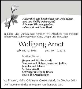Traueranzeige von Wolfgang Arndt von Mitteldeutsche Zeitung Sangerhausen