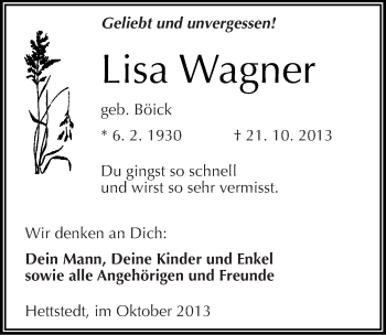Traueranzeige von Lisa Wagner von Mitteldeutsche Zeitung Mansfelder Land