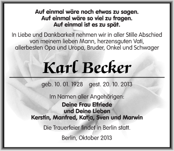 Traueranzeige von Karl Becker von Mitteldeutsche Zeitung Weißenfels