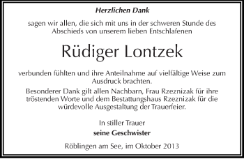 Traueranzeige von Rüdiger Lontzek von Mitteldeutsche Zeitung Mansfelder Land