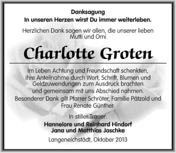 Traueranzeige von Charlotte Groten von Mitteldeutsche Zeitung Merseburg/Querfurt