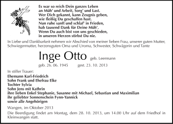 Traueranzeige von Inge Otto von Mitteldeutsche Zeitung Naumburg/Nebra