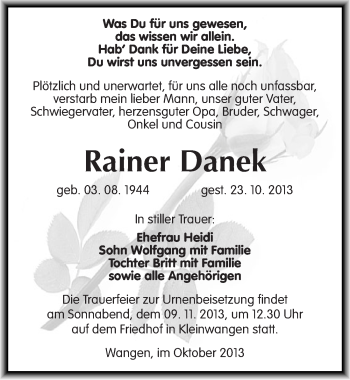 Traueranzeige von Rainer Danek von Mitteldeutsche Zeitung Naumburg/Nebra