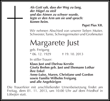 Traueranzeige von Margarete Just von Mitteldeutsche Zeitung Halle/Saalkreis