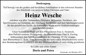 Traueranzeige von Heinz Wesche von Mitteldeutsche Zeitung Quedlinburg